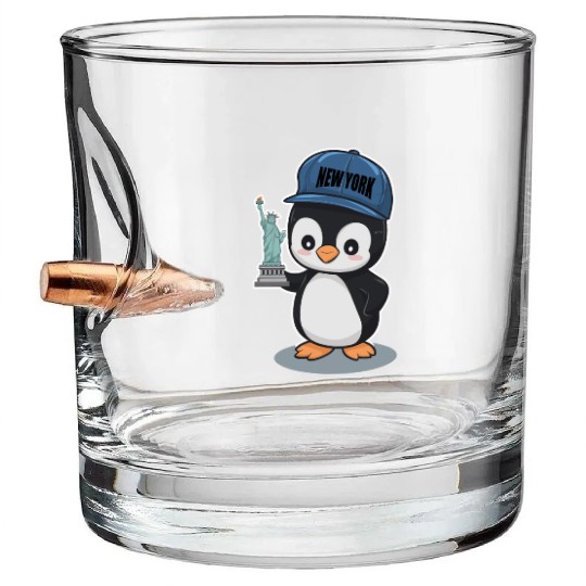New York Penguin Holding Statue Of Liberty Bullet Whiskey Glasses