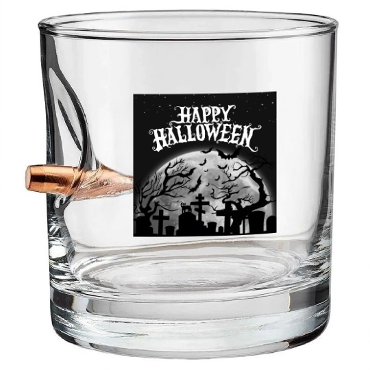 halloween cat on a graveyard Bullet Whiskey Glasses
