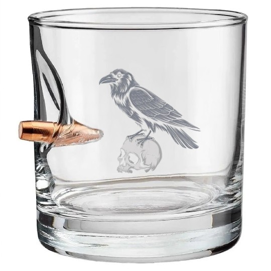 Black Crow Skull Spooky Raven Gothic Bullet Whiskey Glasses