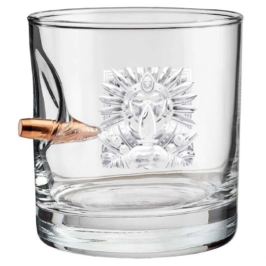 Aztec Warrior Mask with Tribal Art and Ancient Bullet Whiskey Glasses