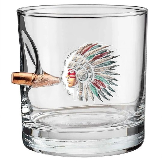 Aztec Warrior Mask with Tribal Art and Ancient Bullet Whiskey Glasses