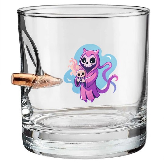 skeletal figure, violet pink robe, lavender puppy Bullet Whiskey Glasses