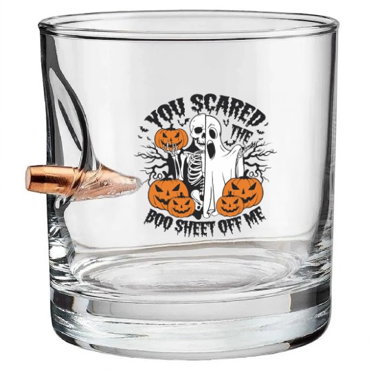 A skeleton with a Halloween costume on it Bullet Whiskey Glasses