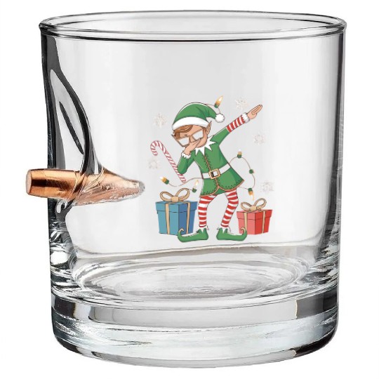 Dabbing Elf with Candy Cane and Gifts Bullet Whiskey Glasses