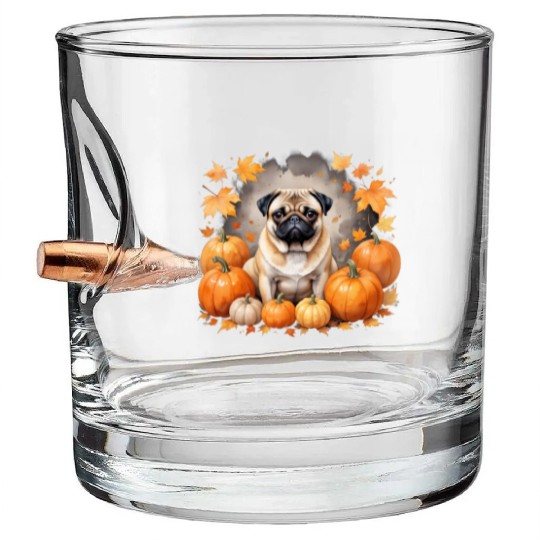 Pug Pumpkin Thanksgiving Fall Halloween Dog Lover Bullet Whiskey Glasses