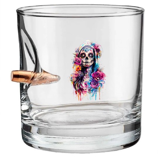 Santa Muerte Saint Mexican Folklore Dead Skull Bullet Whiskey Glasses
