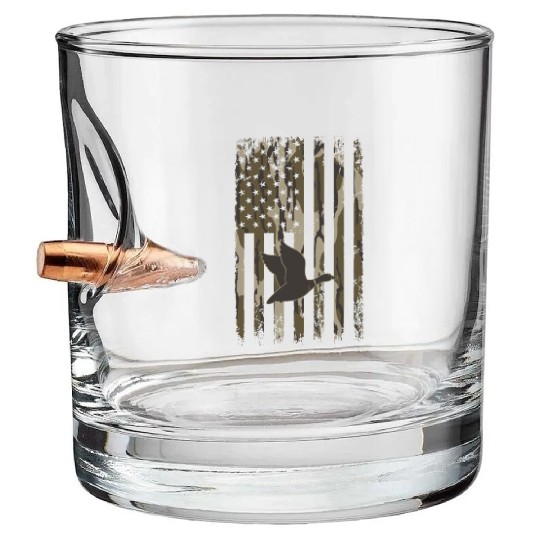 Bottomland Camo Duck Hunting American Flag USA Bullet Whiskey Glasses