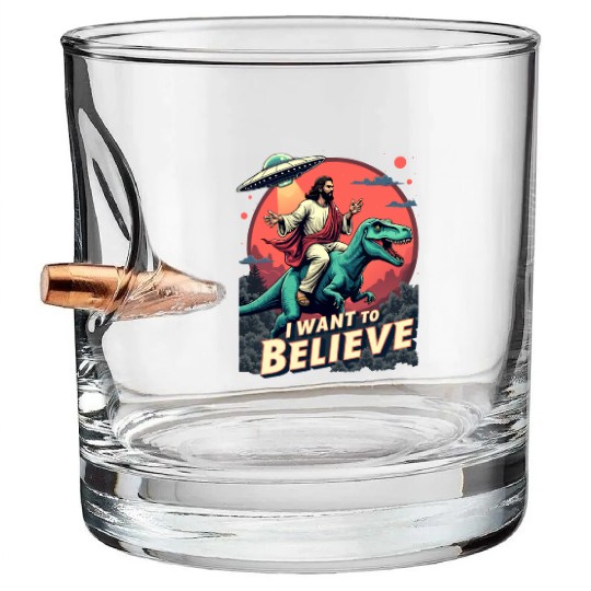 Jesus Riding a Dinosaur with UFO - I Want to Belie Bullet Whiskey Glasses