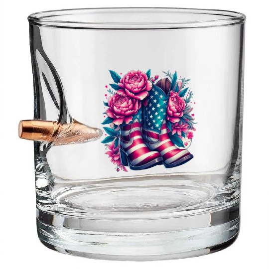 American Flag Cowgirl Boots Flowers Bullet Whiskey Glasses