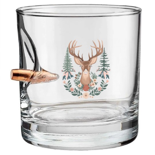 Cottagecore Deer with Floral Wreath and Evergreen Bullet Whiskey Glasses
