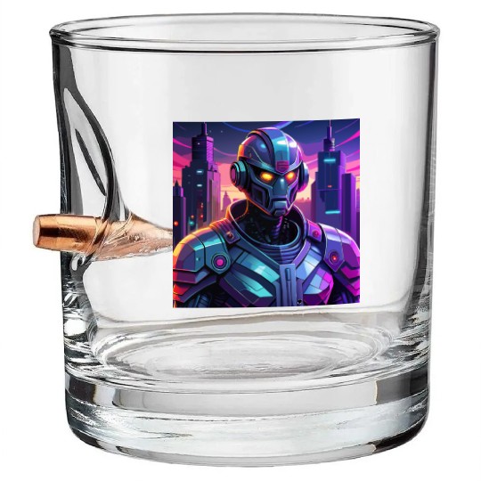 "Cyber Sentinel: Futuristic Robot in a Neon City" Bullet Whiskey Glasses