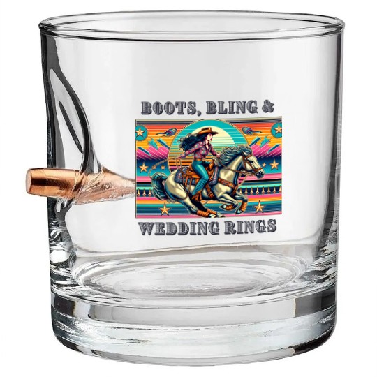 Retro 80's Cowgirl Rodeo | Boots, Bling, & Rings Bullet Whiskey Glasses