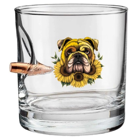 Sunflower Cute Bulldog Dog Flower Gardening Floral Bullet Whiskey Glasses