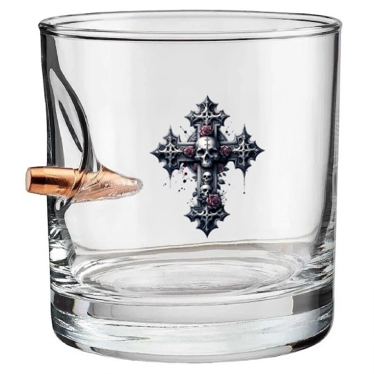 Gothic Cross Collection - Skulls and Red Roses Bullet Whiskey Glasses