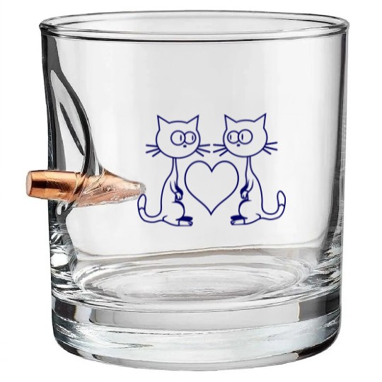 Two Happy Cats Heart 2 Friends Couple Love Team Bullet Whiskey Glasses