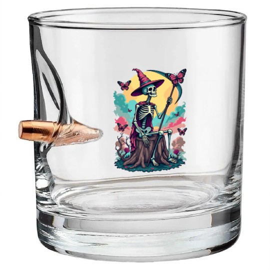 Tarot Card Magical Skeleton Death and Plants Bullet Whiskey Glasses