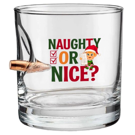 Naughty or Nice Elf Checklist Christmas Fun Bullet Whiskey Glasses