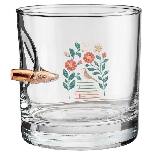 Cottagecore Bird on Books with Flowers Delight Bullet Whiskey Glasses