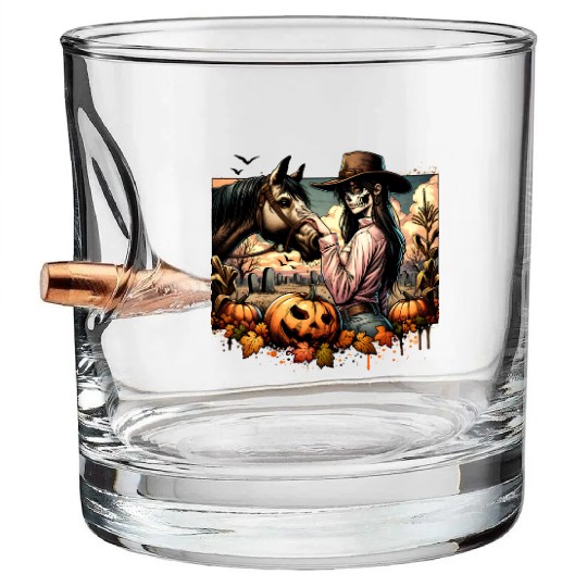 Haunting Cowgirl and Horse in Halloween Graveyard Bullet Whiskey Glasses