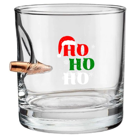 Christmas Ho Ho Ho Snow Flakes with Santa Hat Bullet Whiskey Glasses