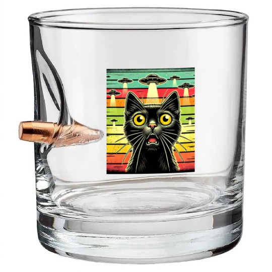 Fun Cat sunset Galaxy Cat Spaceship Alien Cat UFOs Bullet Whiskey Glasses