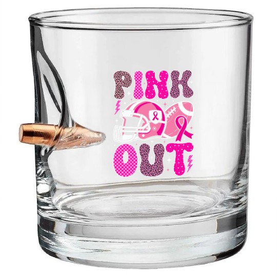 Pink Out Breast Cancer Football Mom Girls Women Bullet Whiskey Glasses