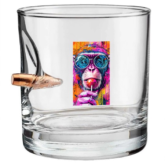 Digital Art Monkey With Lollipop Graffiti Elements Bullet Whiskey Glasses