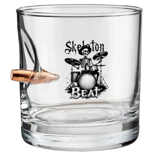 Skeleton Beat: Funny Cowboy Skeleton Playing Drums Bullet Whiskey Glasses