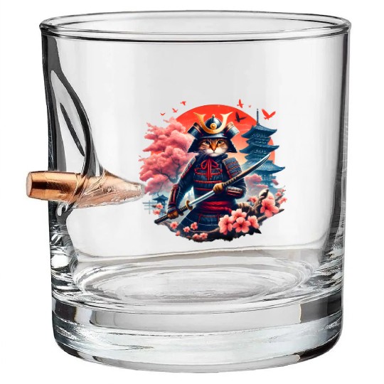 Samurai Cat Graphic Warrior Vintage Japanese Anime Bullet Whiskey Glasses