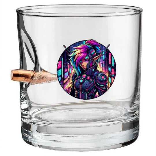 Neon Cyberpunk Elf in Futuristic Cityscape Bullet Whiskey Glasses