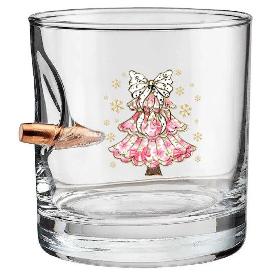 Preppy Pink Coquette Bow Xmas Tree Bullet Whiskey Glasses