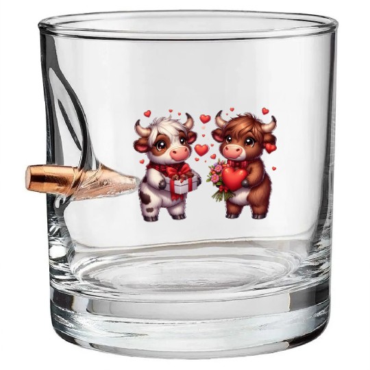 Cute cartoon valentines highland cow Bullet Whiskey Glasses