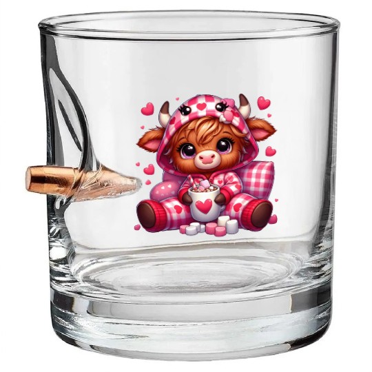 Cute cartoon valentines highland cow Bullet Whiskey Glasses