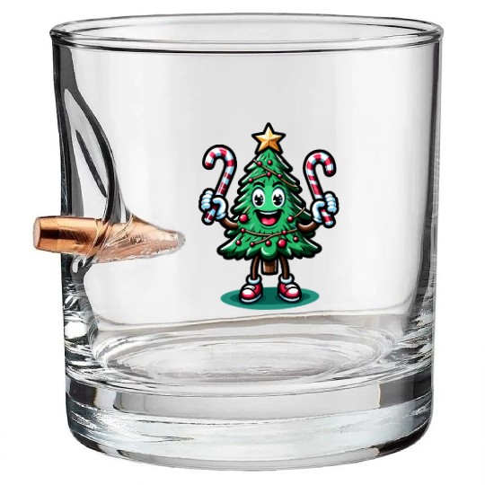 Happy Christmas Tree With Candy Canes Retro Bullet Whiskey Glasses