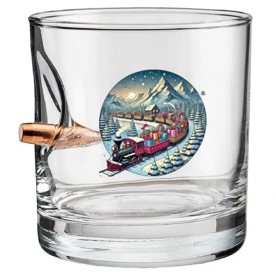 Christmas Train of Gifts through Snowy Peaks Bullet Whiskey Glasses