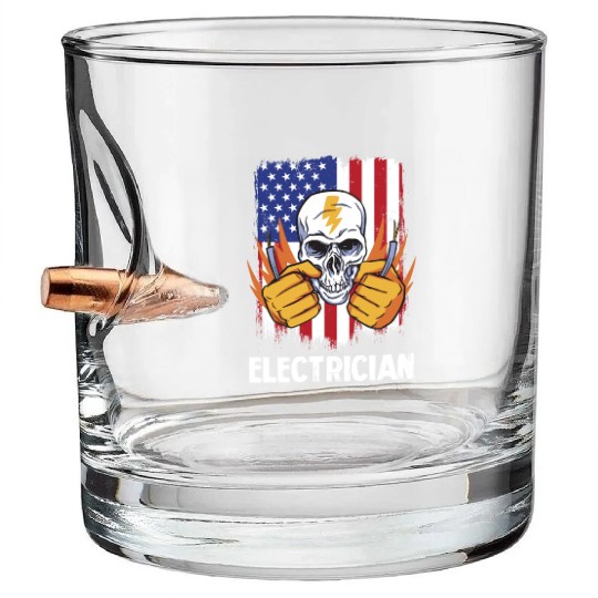 Electrician Skull with American Flag Background Bullet Whiskey Glasses