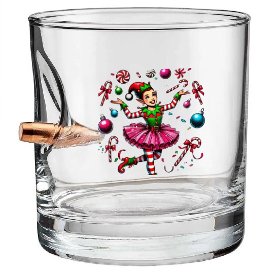 Juggling Elf: Tutu, Ornaments & Candy Cane Confet Bullet Whiskey Glasses