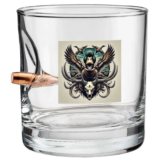 Mallard duck flying over deer skull in marsh Bullet Whiskey Glasses