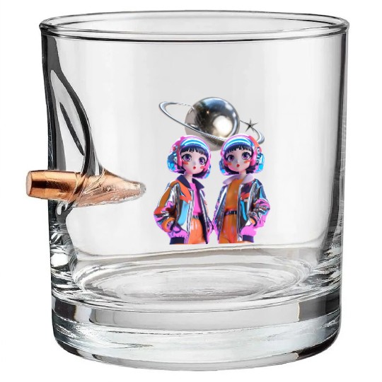 Retro-Futuristic Anime Girls with Neon Aesthetic Bullet Whiskey Glasses