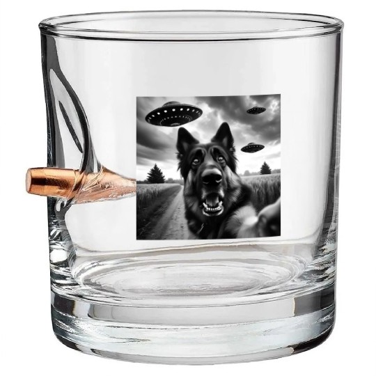 German Shepherd Funny GSP Selfie with UFOs Weird A Bullet Whiskey Glasses