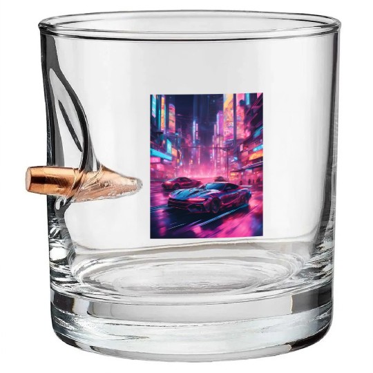 Street racers in downtown Tokyo Vaporwave Bullet Whiskey Glasses