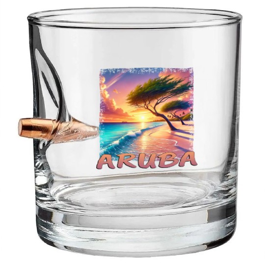 Aruba Eagle Beach Sunset Palm Trees Grunge Bullet Whiskey Glasses