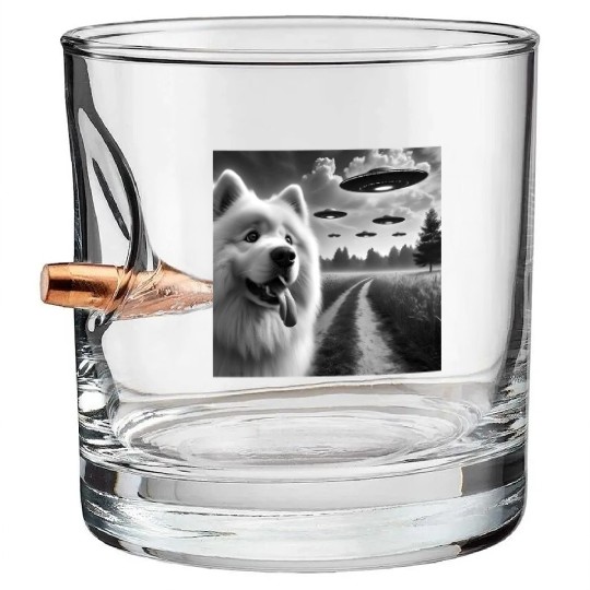 Samoyed Dog Funny Graphic Selfie with UFOs Weird A Bullet Whiskey Glasses