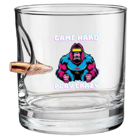 Game Hard Play Crazy Gorilla Gamer Bullet Whiskey Glasses Gaming