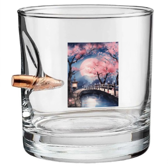 Watercolor cherry blossom festival full moon Bullet Whiskey Glasses