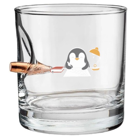 Writer Author Penguin Scribbling at Desk Bullet Whiskey Glasses