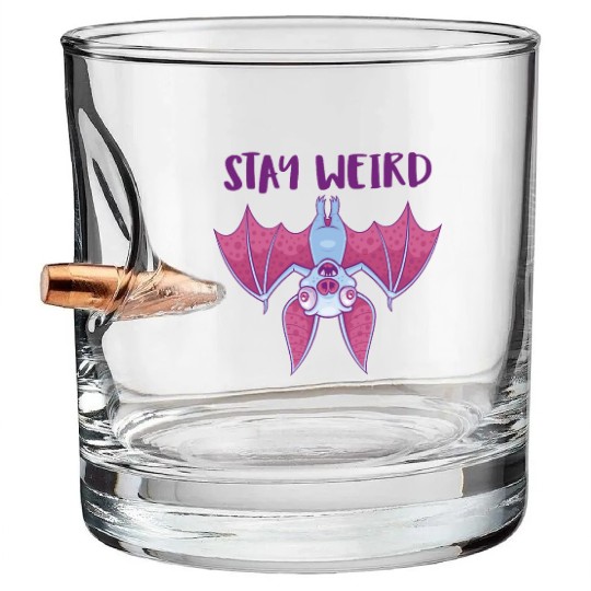 Stay Weird Quirky Albino Vampire Bat Cartoon Bullet Whiskey Glasses