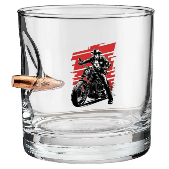 Sheriff Riding Motorcycle Illustration Bullet Whiskey Glasses