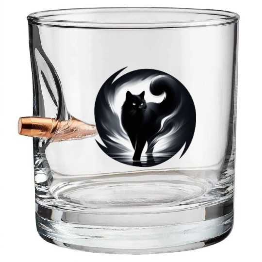 Mysterious and Elegant Black Cat Walking in Light Bullet Whiskey Glasses