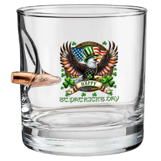 Happy St. Patricks Day Eagle With Shamrock And Bullet Whiskey Glasses